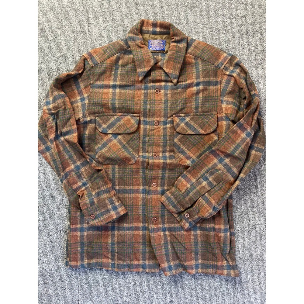 Pendleton Flannel Shirt Mens S Brown Plaid Vintage 70s Wool Button Up Pocket
